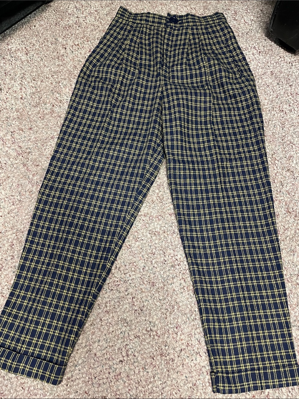 Vintage 80s ultra high wide leg Navy and Yellow Plaid pleated Waist Pants